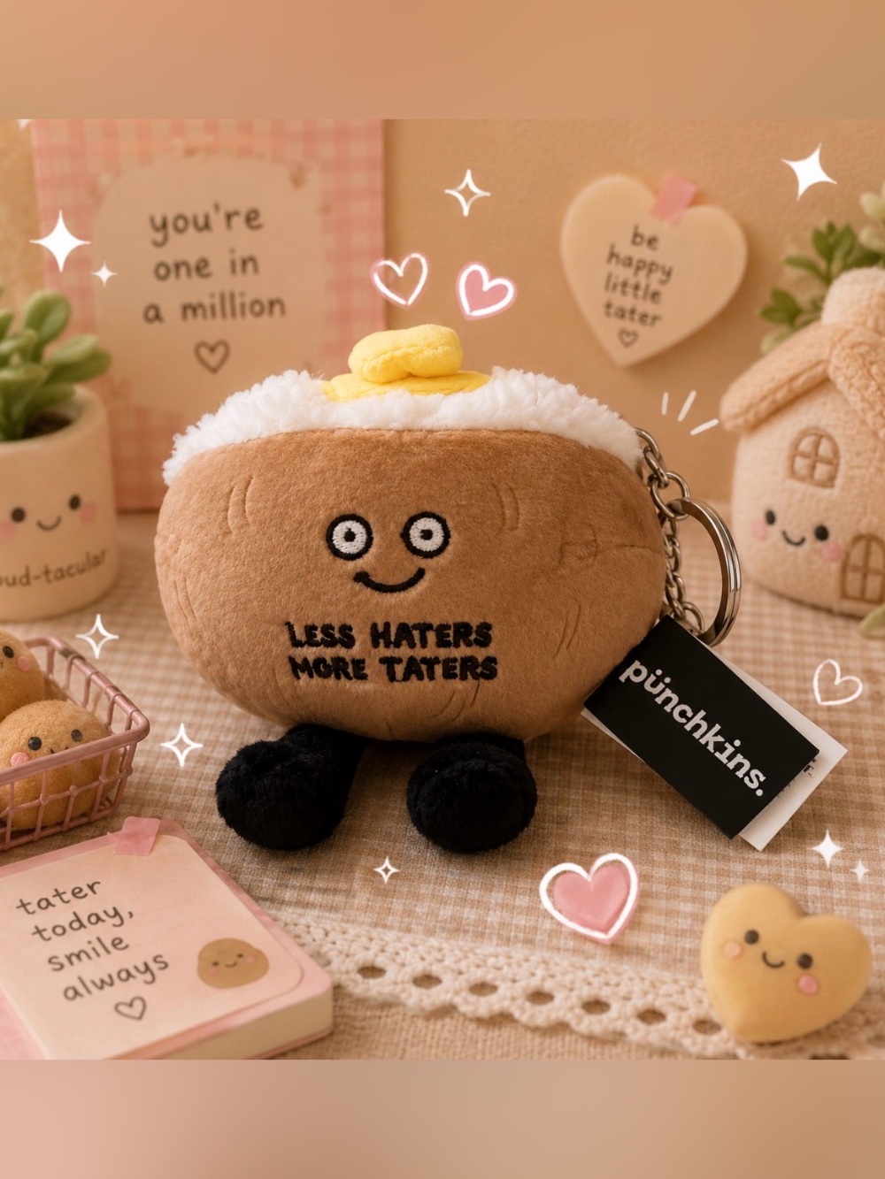 Plush 🥔’Less Haters More Taters' Brown & White Potato Keychain